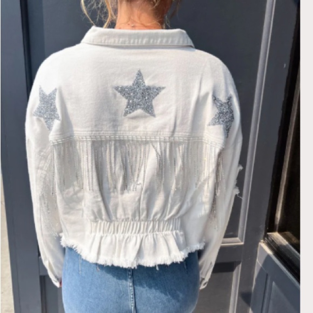Star Rhinestone Fringe Denim Jacket - White side M